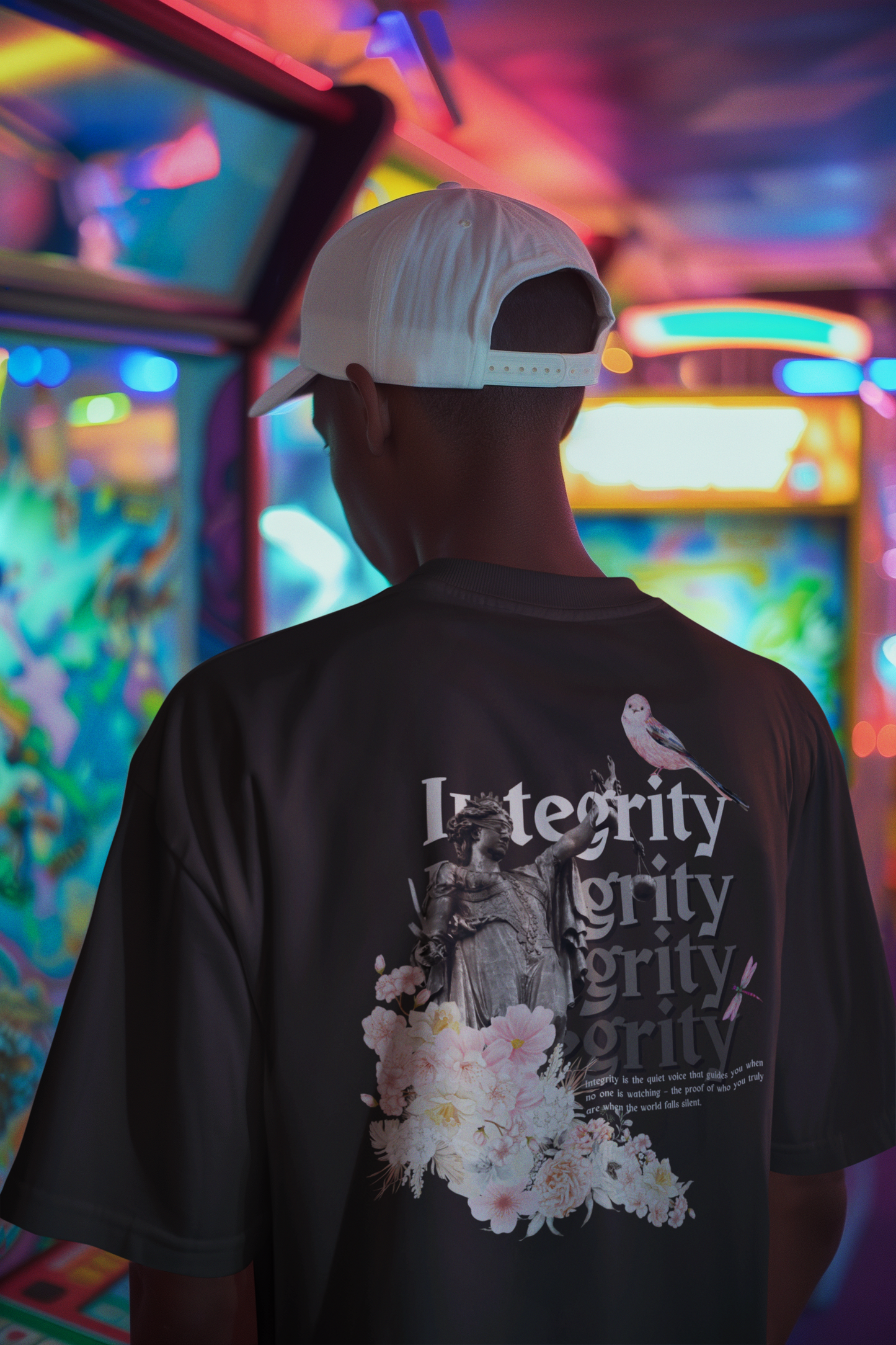 Person wearing a black t-shirt with floral design and text in front of colorful arcade machines.