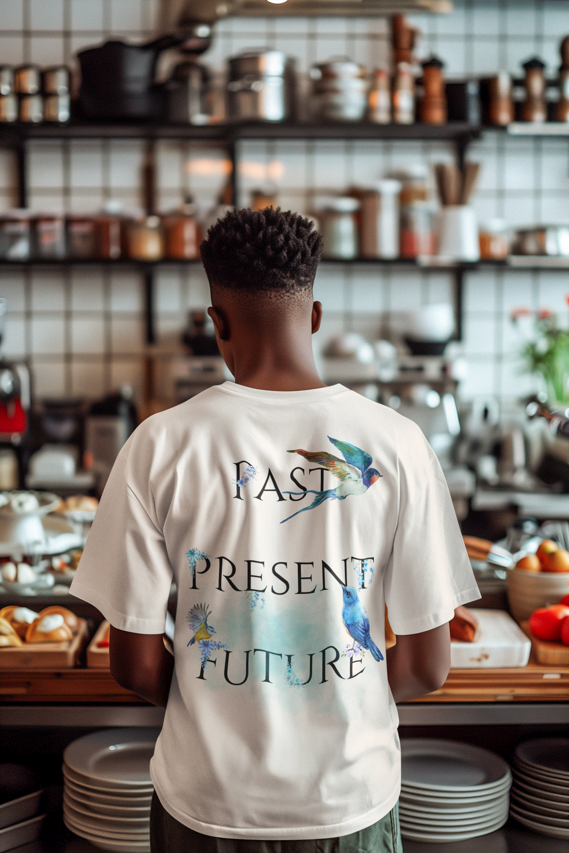 Person wearing a white t-shirt with a design and text in a kitchen setting