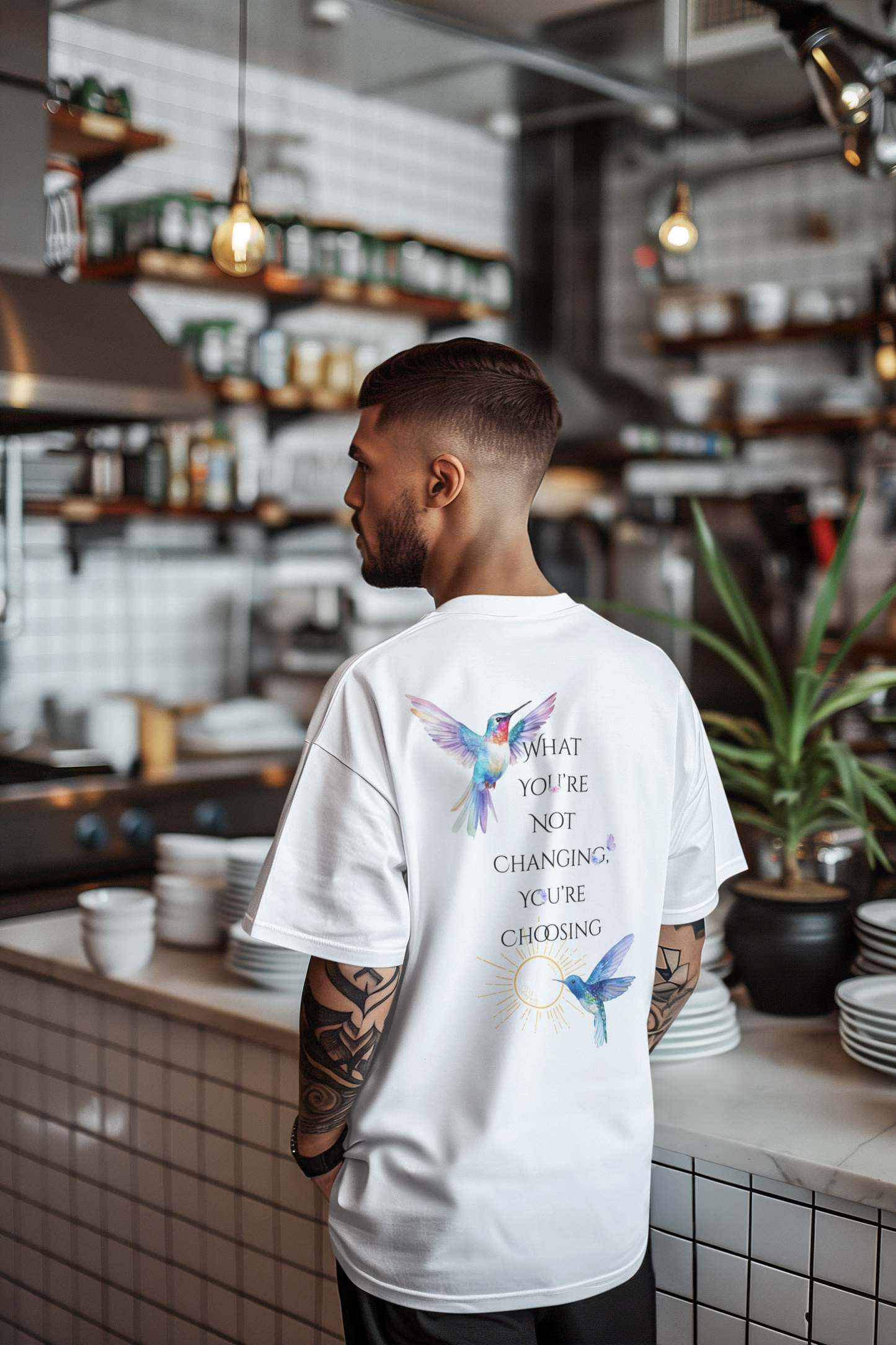 Man wearing a white t-shirt with colorful designs and text in a kitchen setting